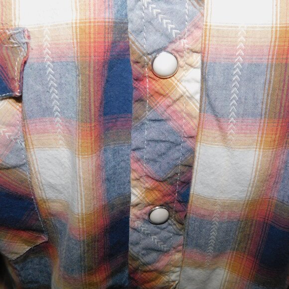 Roper Mens M Blue Cream Orange Plaid Snap Front Western Rodeo Shirt - Picture 4 of 12